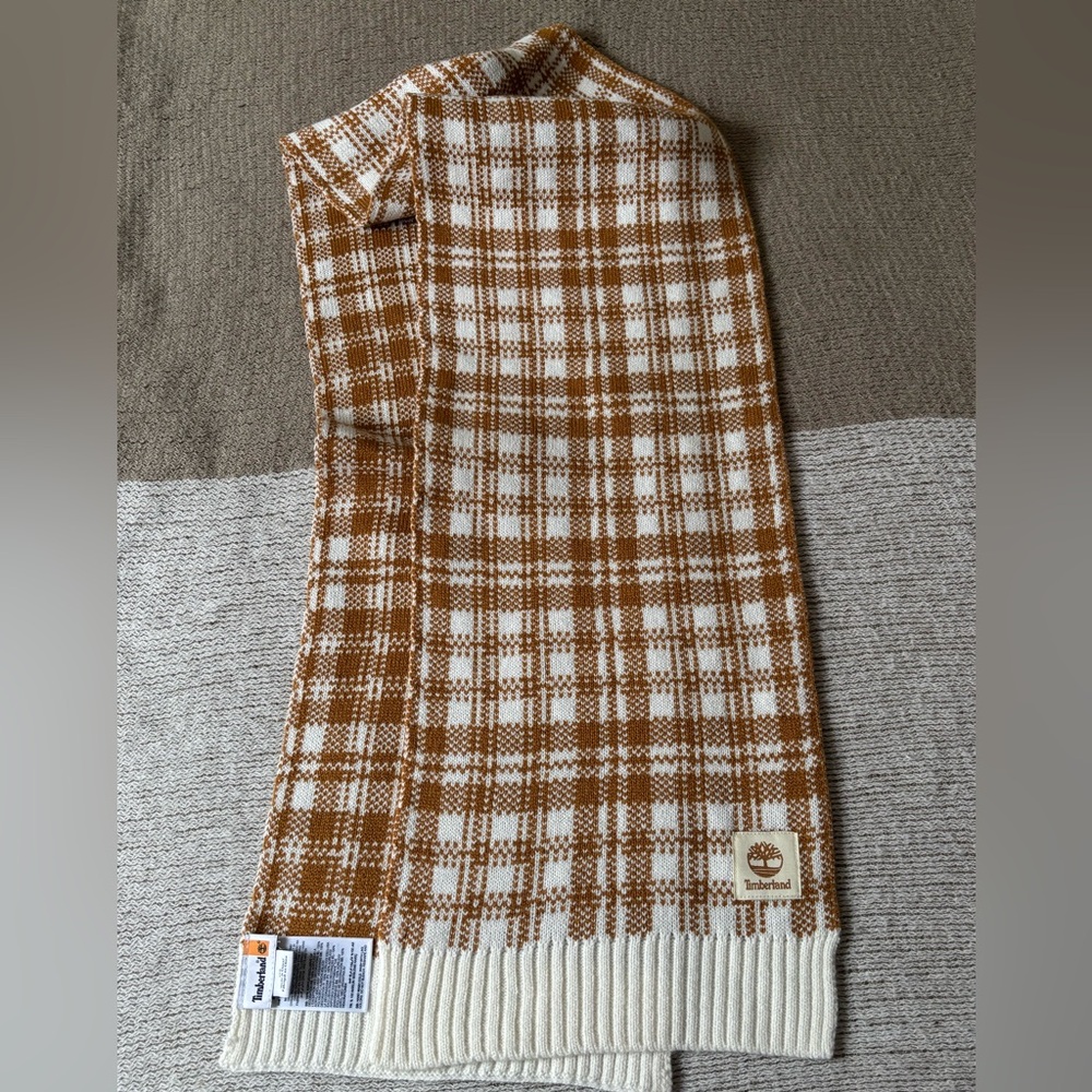 Timberland Unisex Camel & White Plaid Knit Sweater Scarf